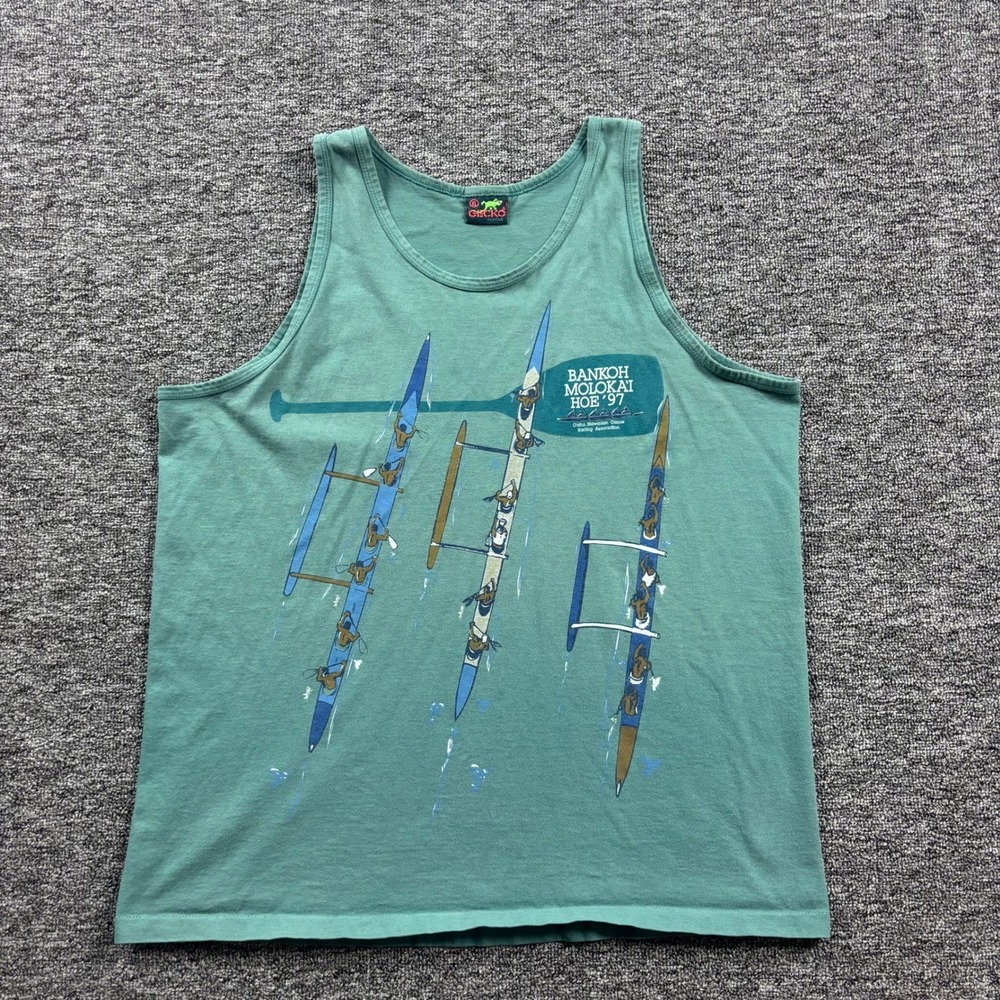 Vintage 1997 Gecko Hawaii Surf Bankoh Molokai Graphic Tank Top Green Size XL